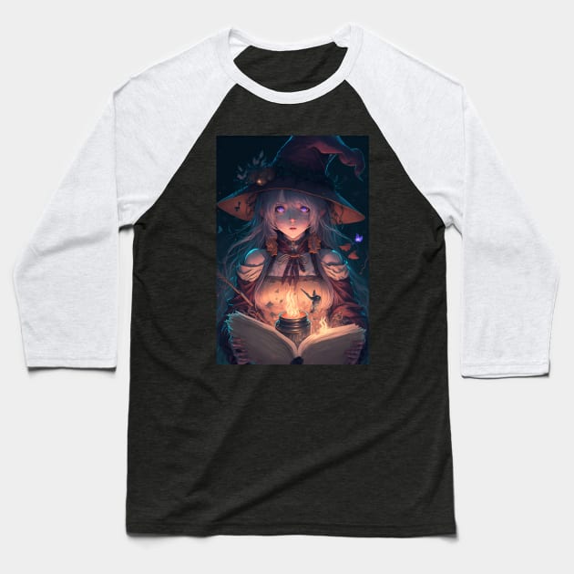 Anime Hot Wizard Girl Reading a Book of Spells Baseball T-Shirt by Bubblebug